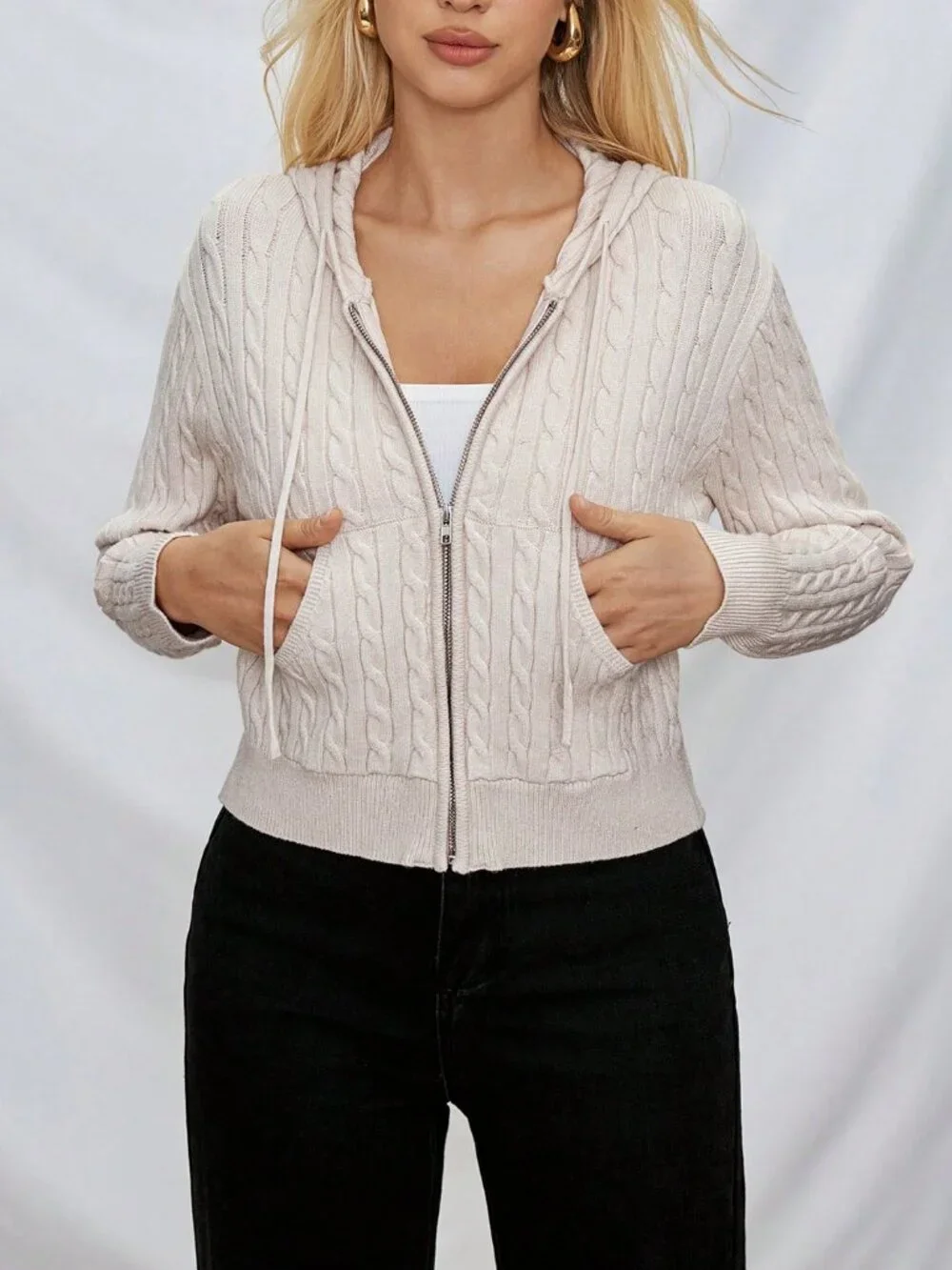 Casual Women's Cable Knit Zip-Up Hooded Cardigan with pockets